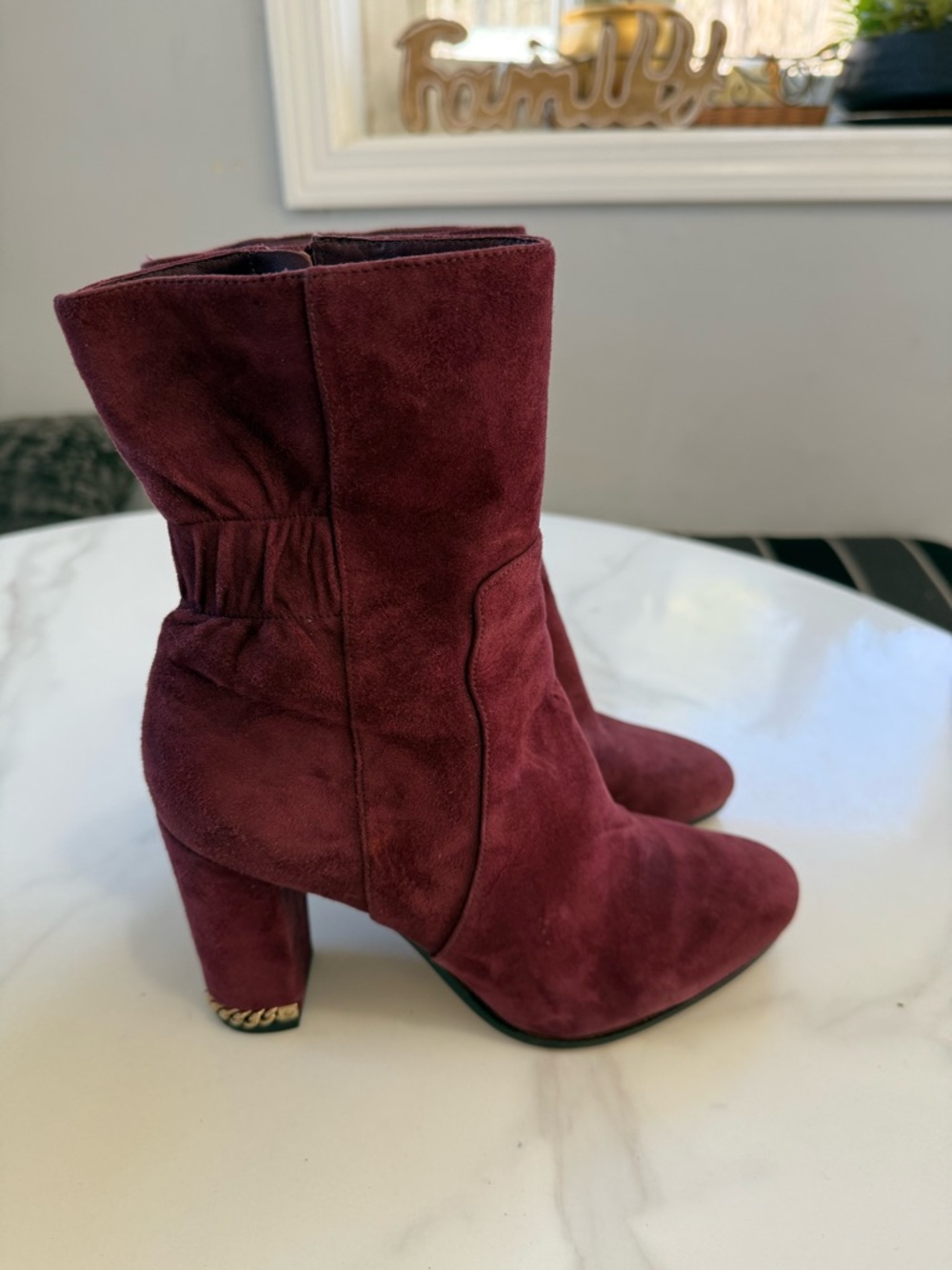 Michael Kors Burgundy Suede Ankle Boots with Gold Zipper - Picture 3 of 7